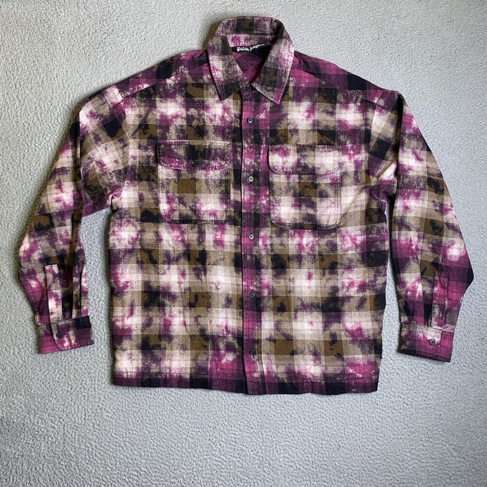Palm Angels Curved Logo Shirt Mens 46 Small Purple Pink Check Button Up Italy